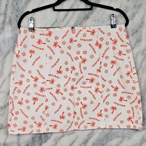 Glamorous Denim US Sz 10 Medium Holiday Print White Denim High Waist Mini Skirt
